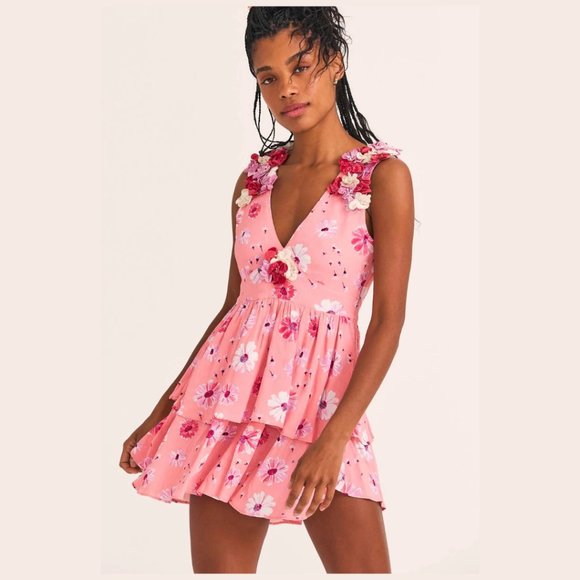 LoveShackFancy Shayna Mini Dress Daisy Print Flower Applique Tiered Skirt V-neck - Picture 2 of 13